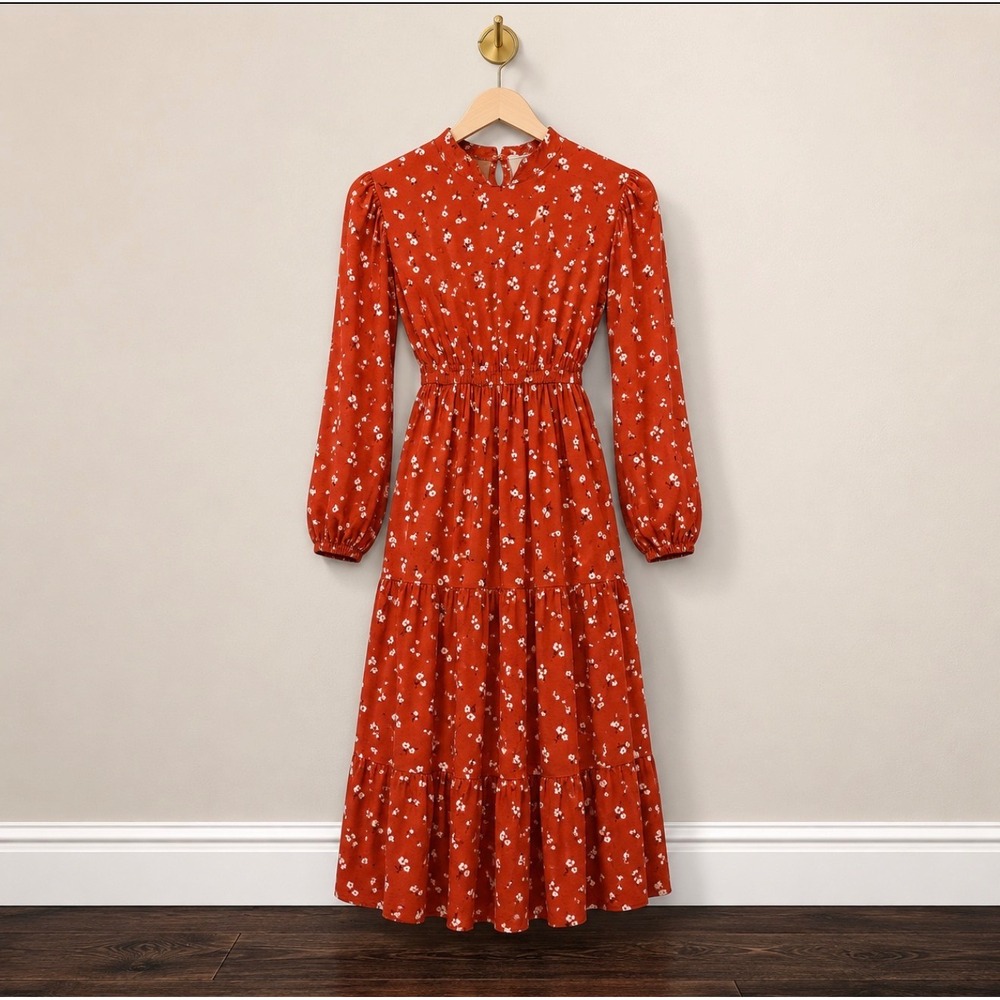 Farmhouse Frocks Rust Orange Floral Tiered Midi Dress Long Sleeve Small